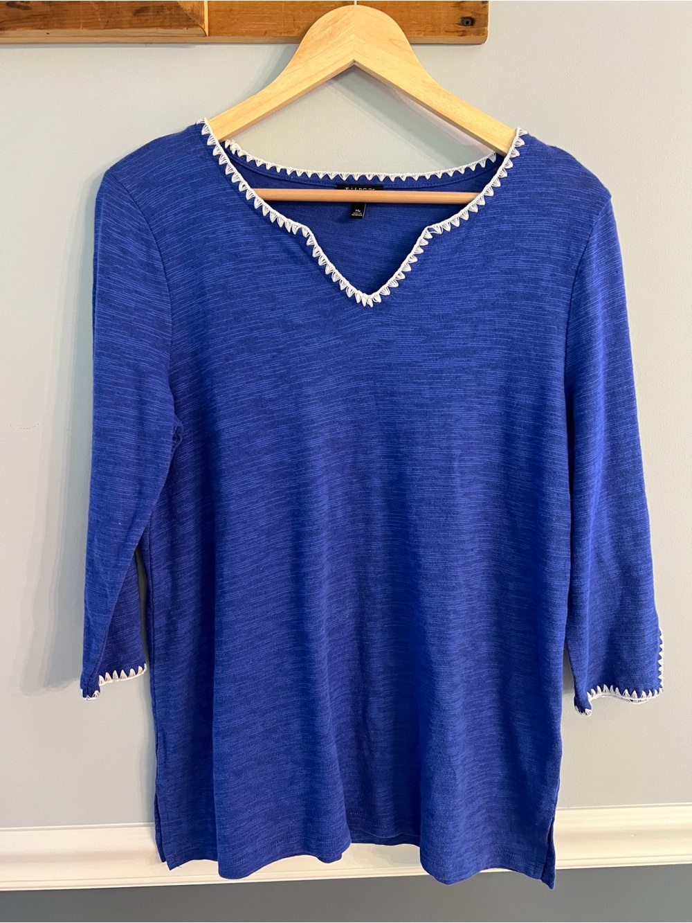 Talbots Petite Blue Linen Blend Coastal Preppy Crochet Hem 3/4 Sleeve Top MP